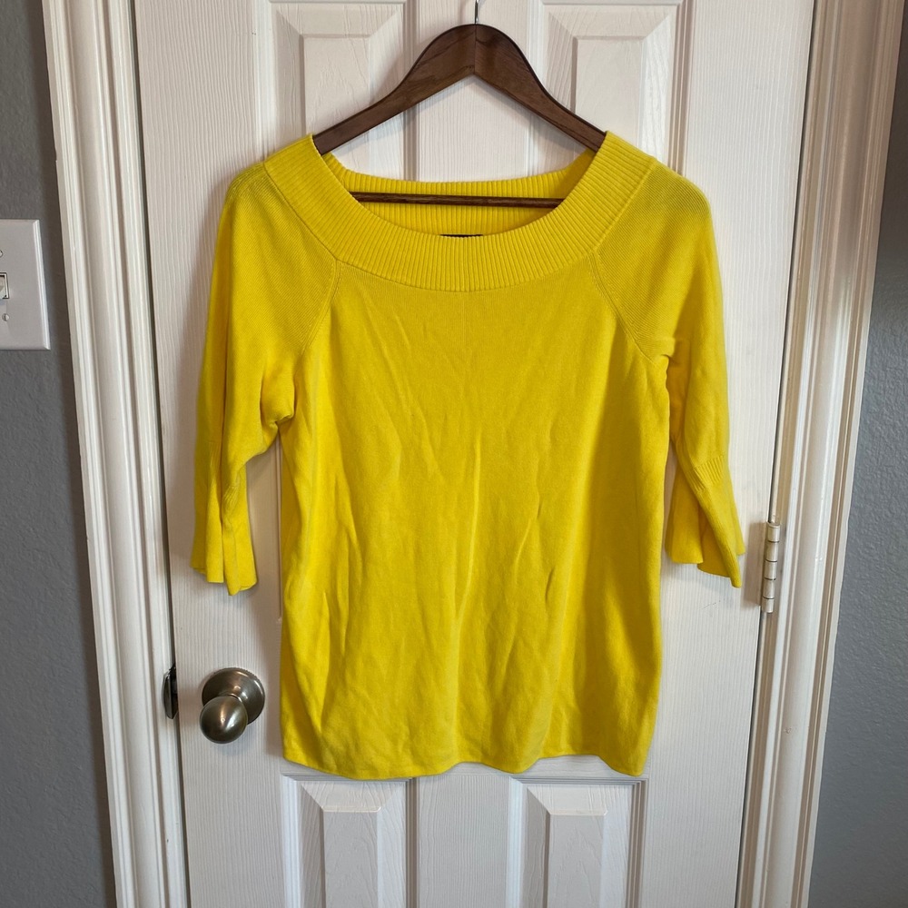 Talbots Woman Petites 12 Yellow Bell Sleeve Ribbed‎ Neck Knit Top Cotton Blend